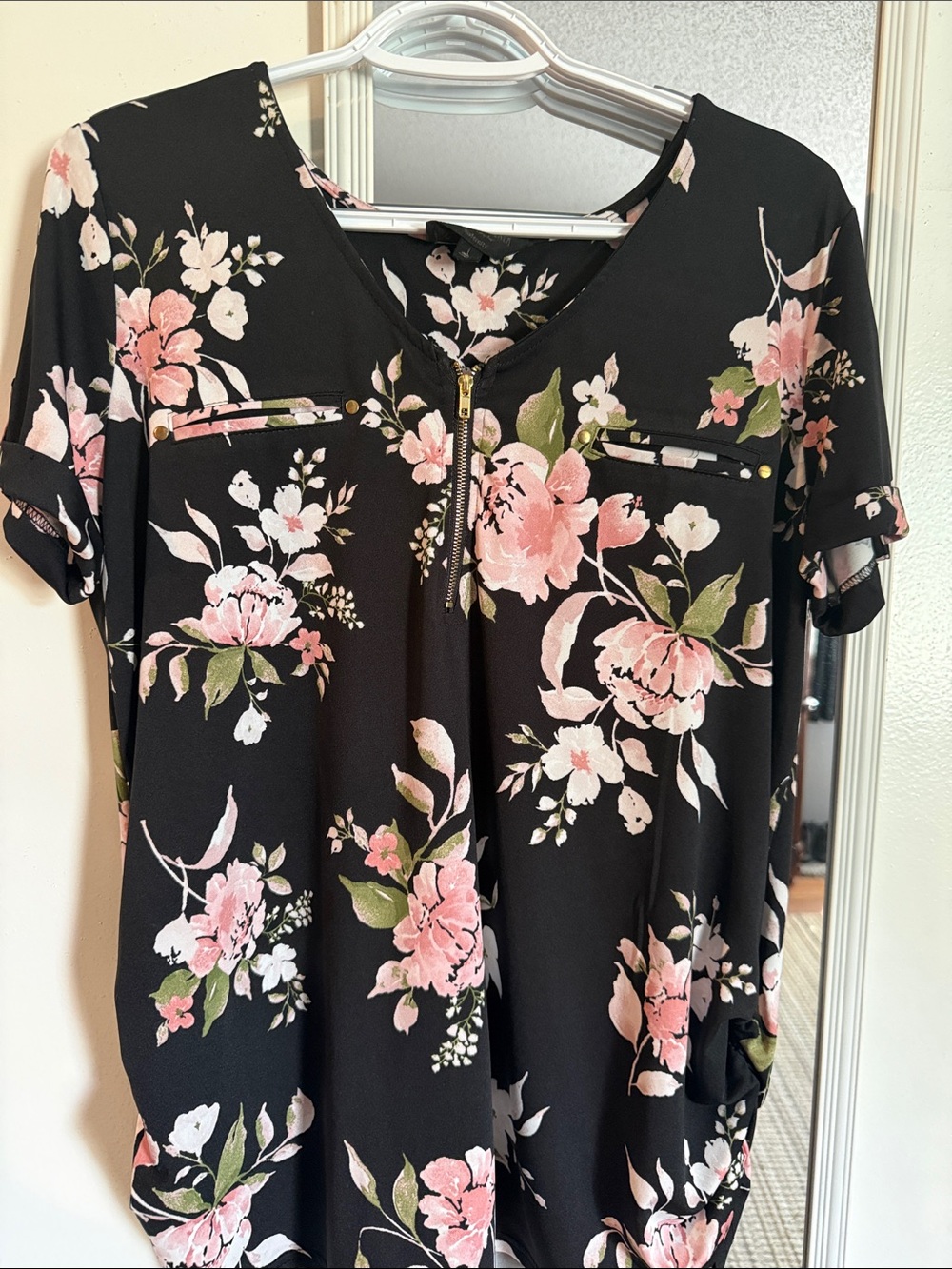 Sweet Wanderer Black Floral Zip-Front Short Sleeve Blouse with Pink Blooms